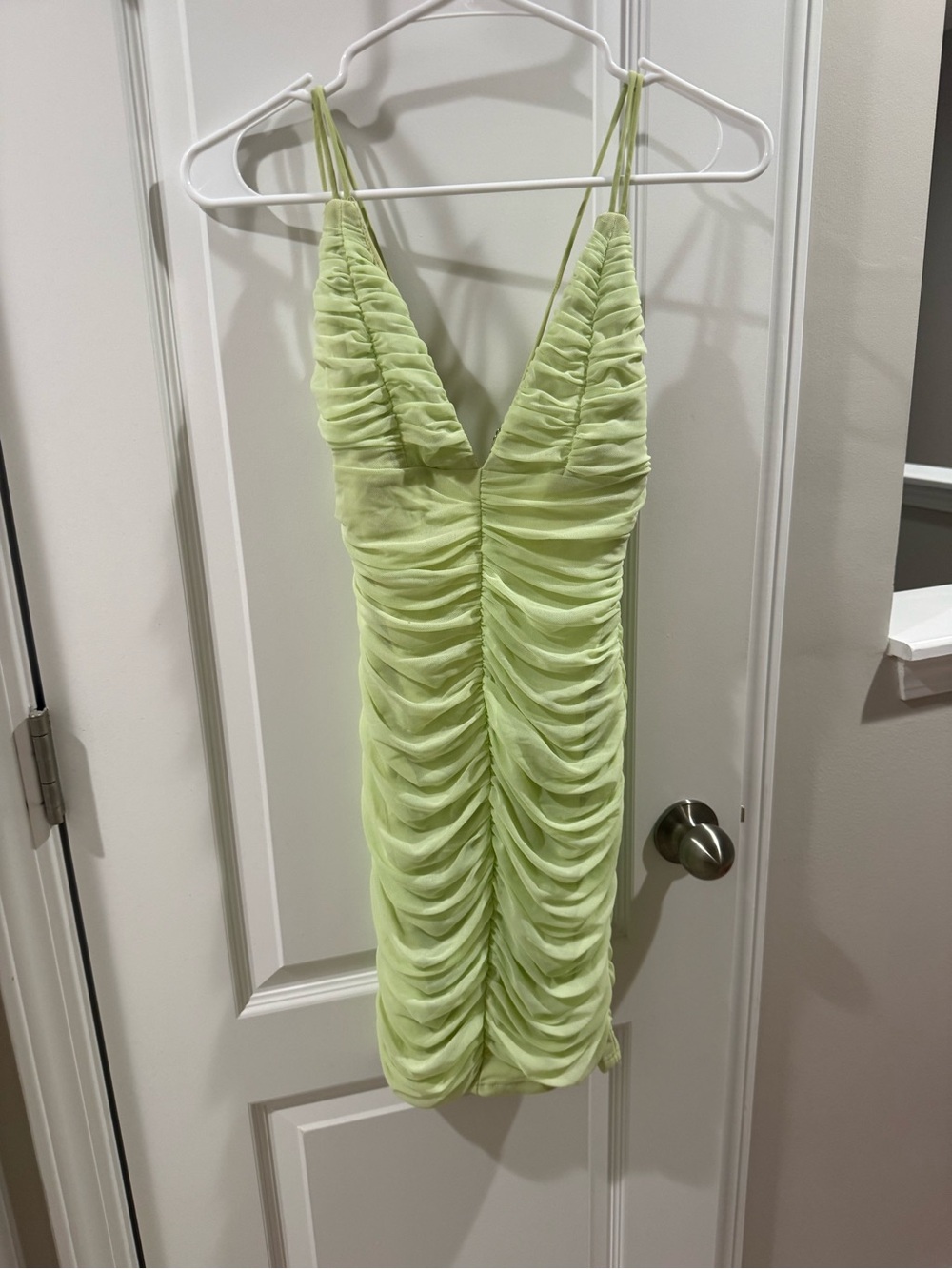 Angel Biba Neon Lime Ruched Spaghetti Strap Mini Dress
